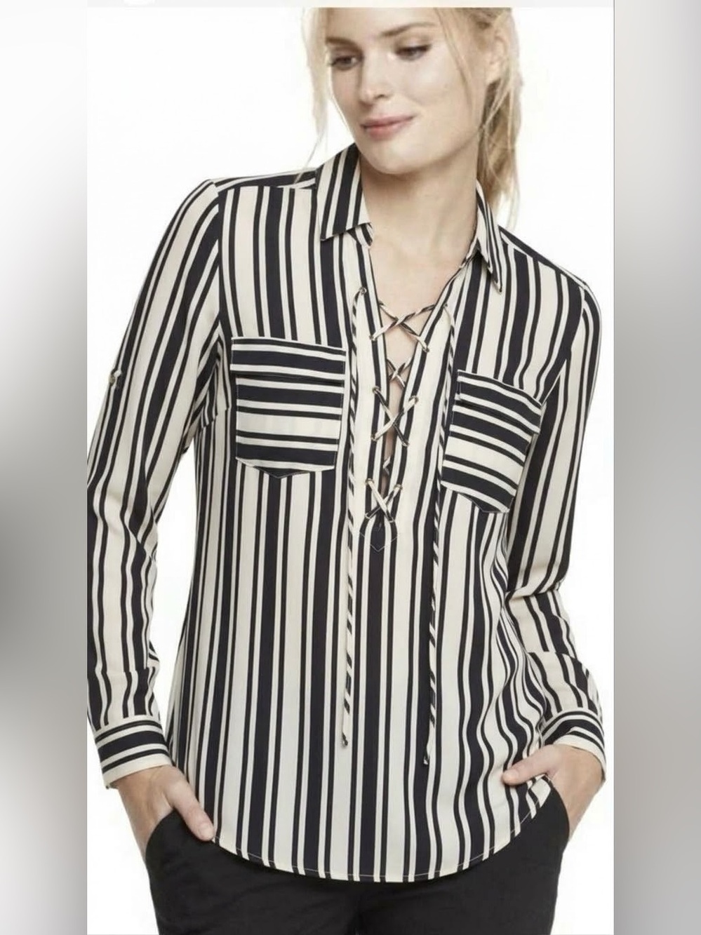 Express Navy Blue and White Striped Lace-Up V-Neck Blouse Size M